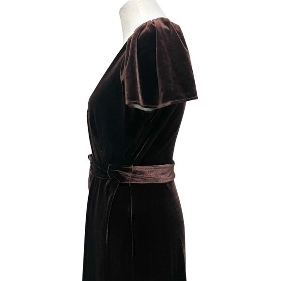 DKNY Women’s Brown Velvet Faux-Wrap Flutter-Sleeve Dress Midi Belted Womens 10 - Picture 7 of 12